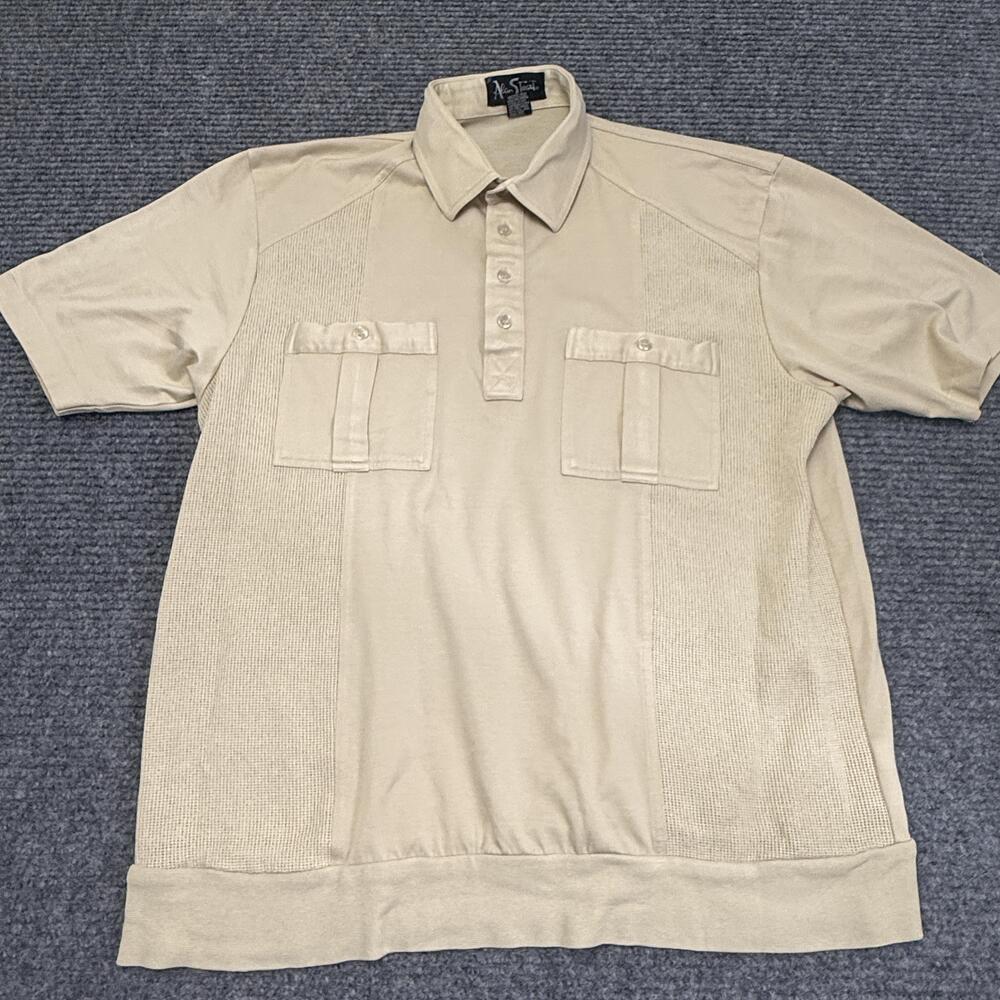 Vintage Alan Stuart Polo Shirt Mens Large Beige Solid Banded Hem Knit 90s